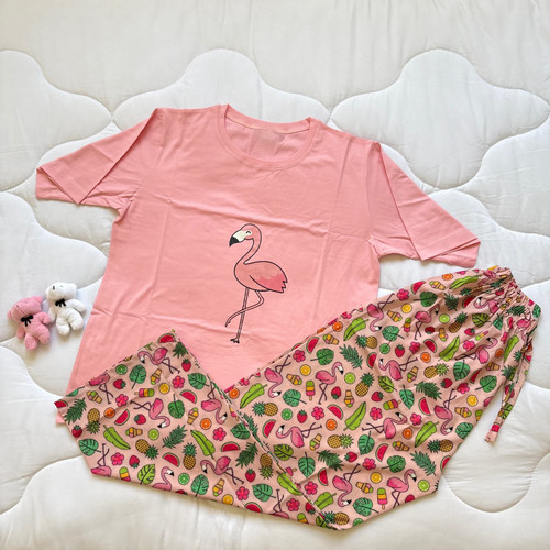 خرید ست تیشرت صورتی شلوار فلامینگو راحتی زنانه